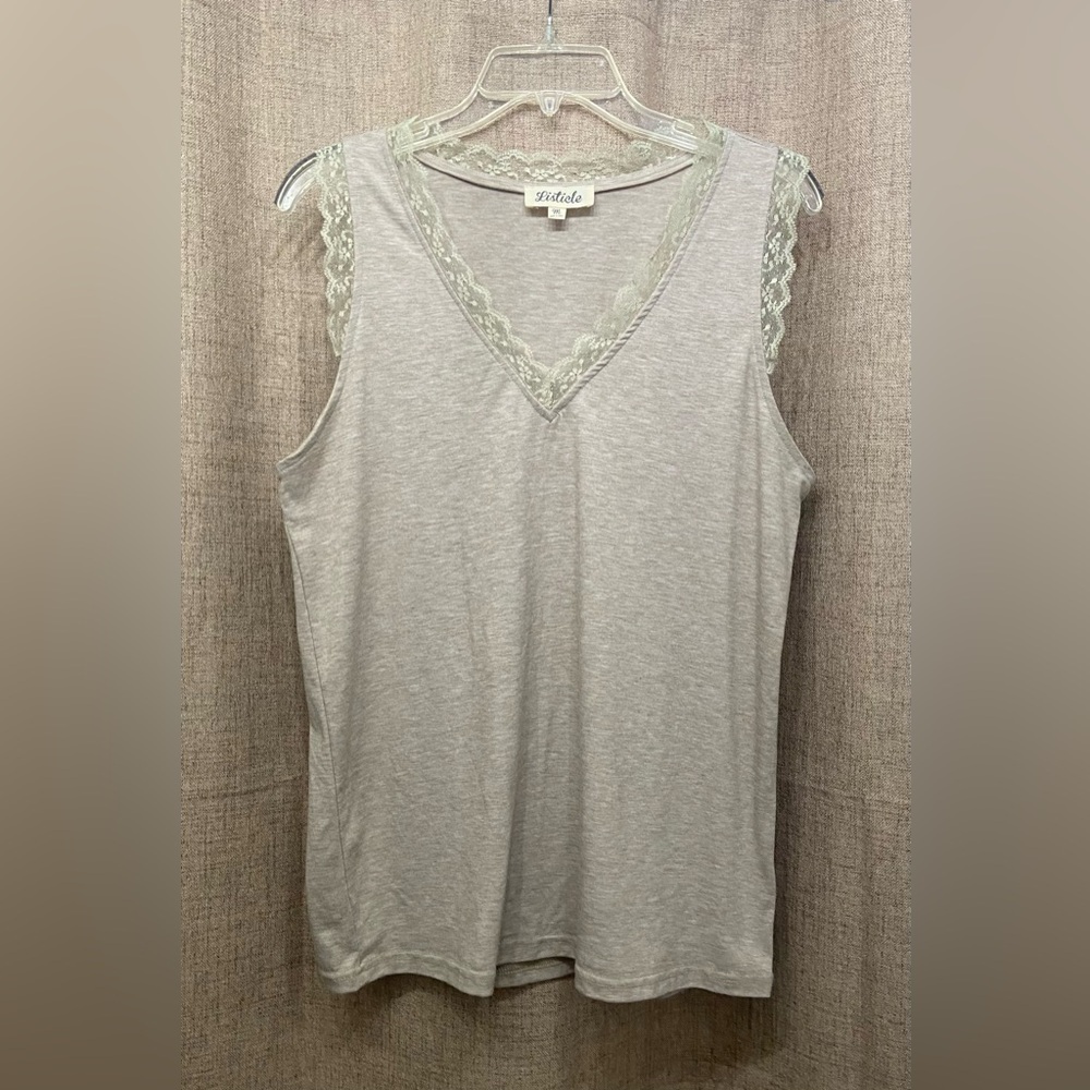 Listicle taupe Tank Top with Green Lace